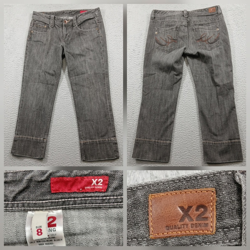 Express X2 Quality Denim Grey Capri Jeans Embroidered Pockets Women's 8 EUC